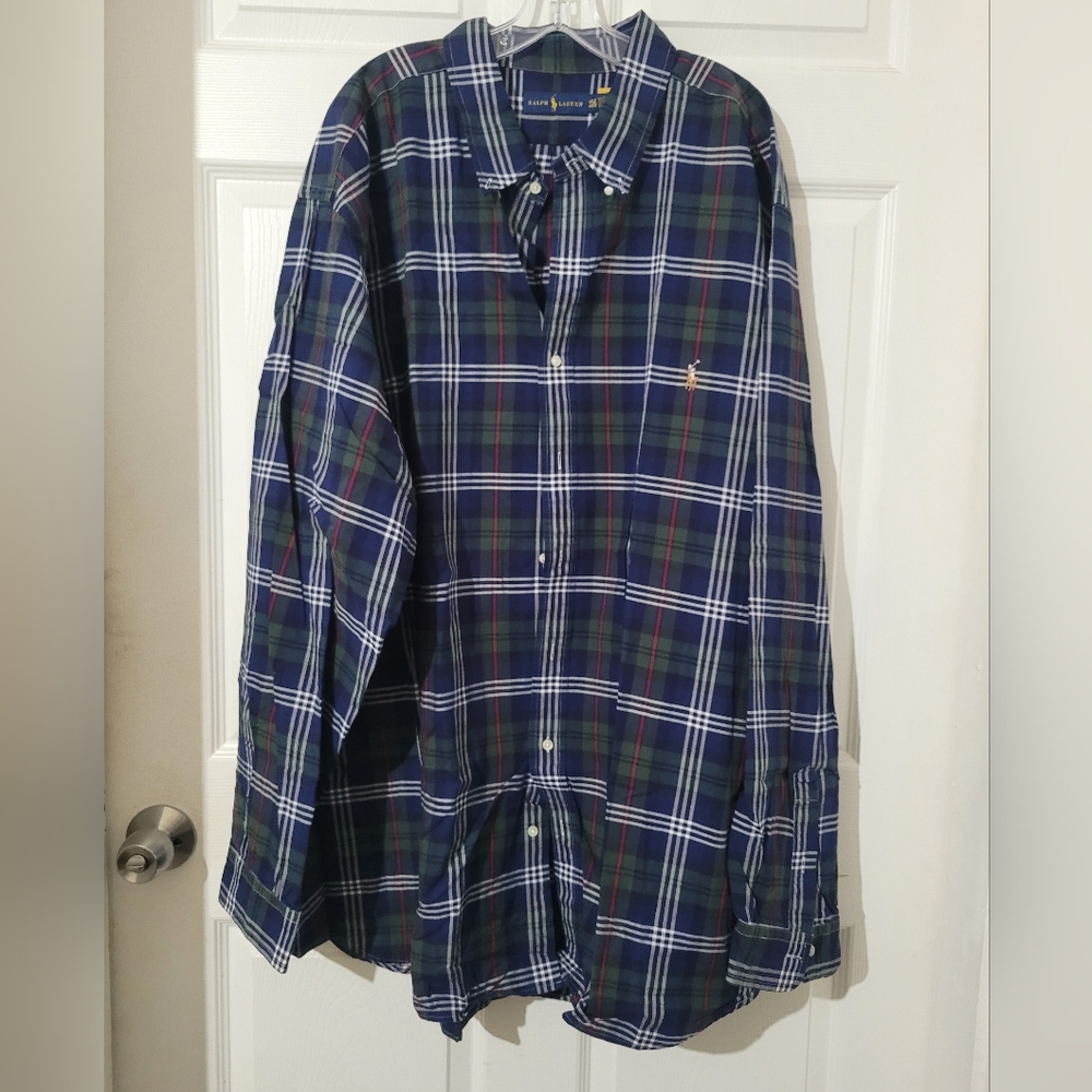 Men Size 4XLT Ralph Lauren Tartan PLAID Longsleves Button Up Shirt Blue Green